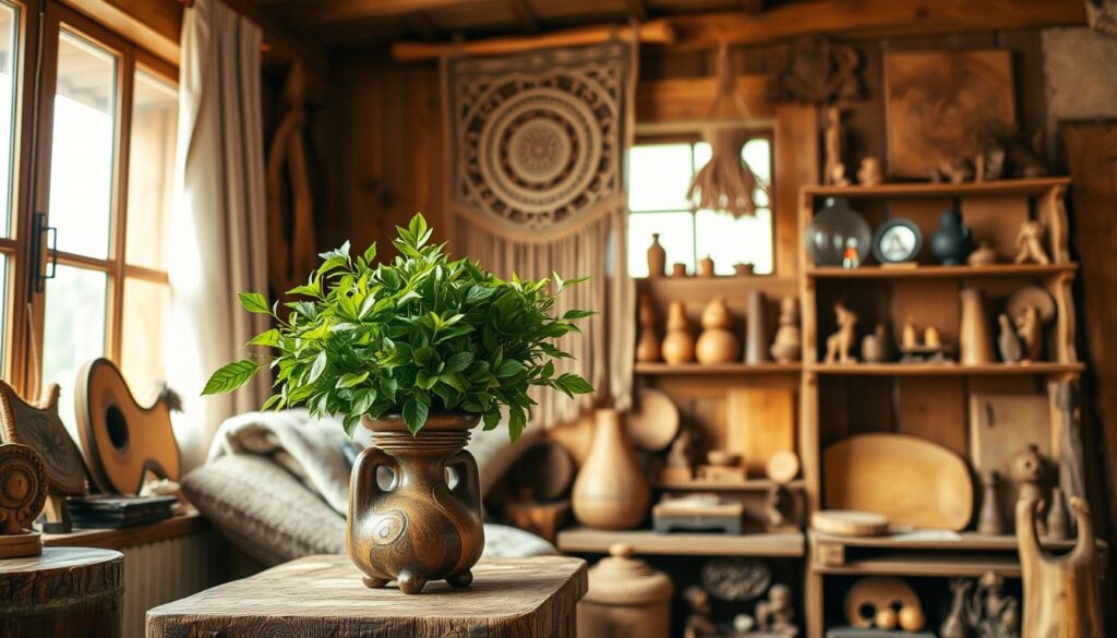 A cozy and rustic wooden home interior, showcasing a variety of handcrafted wooden accessories. In the foreground, a beautifully carved wooden vase filled with lush, vibrant greenery sits atop a weathered wooden side table. In the middle ground, a wooden wall hanging with intricate patterns and textures hangs above a sturdy wooden bookshelf displaying various decorative wooden trinkets and figurines. The background features warm, natural lighting filtering through large windows, casting a soft, inviting glow throughout the space. The overall scene exudes a sense of warmth, craftsmanship, and a celebration of the natural beauty of wood.