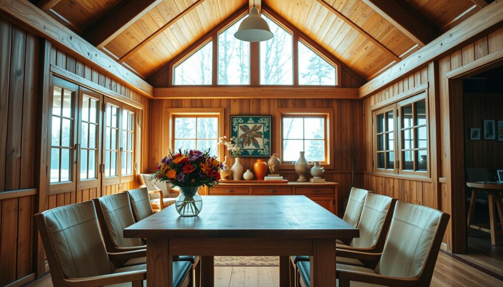A cozy, well-lit wooden interior with vibrant accents. A central wooden table with a modern vase of colorful flowers stands in the foreground, surrounded by plush wooden chairs. In the middle ground, a wooden sideboard displays an assortment of decorative items in warm hues, complementing the wooden beams and paneling. The background features large windows, allowing natural light to flood the space and create a serene, inviting atmosphere. Soft lighting fixtures hang overhead, casting a gentle glow. The overall scene conveys a harmonious balance of natural textures and pops of vivid color, reflecting the beauty and versatility of wooden interior design.