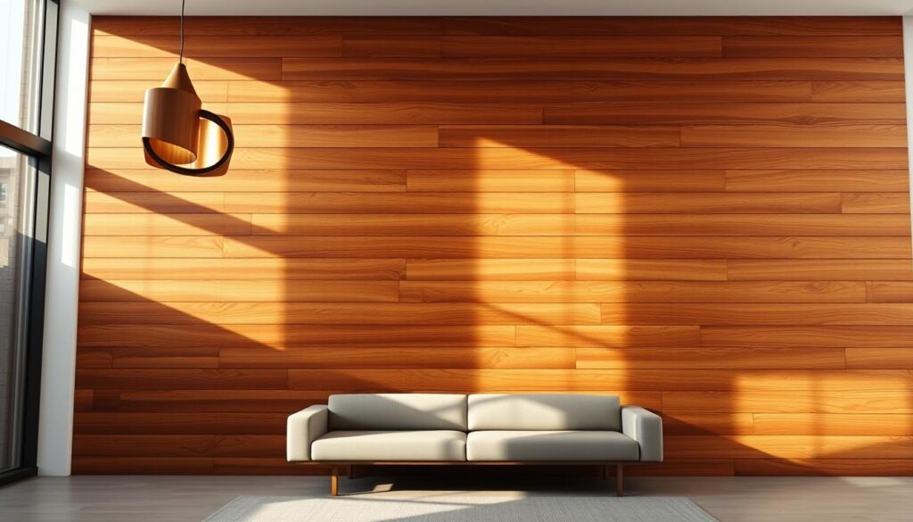 A sunlit wooden feature wall, its sleek horizontal planks casting dramatic shadows across the textured surface. In the foreground, a sculptural light fixture casts a warm glow, highlighting the rich grain and organic beauty of the wood. The middle ground features a minimalist sofa, its clean lines complementing the rustic warmth of the wall. Soft, diffused lighting filters in from large windows, creating a calming, serene atmosphere. The background fades into a neutral palette, allowing the stunning wooden focal point to take center stage. Captured with a wide-angle lens to emphasize the scale and grandeur of this architectural element, the image conveys a sense of modern, sophisticated elegance.