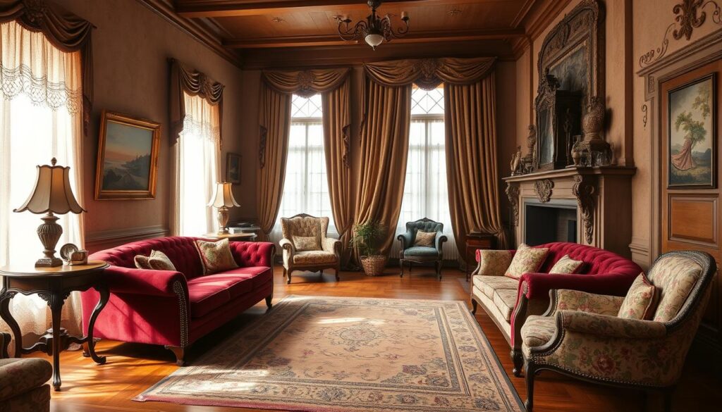 A warm, inviting 1910 living room interior, showcasing period-appropriate furnishings and textiles. In the foreground, a plush, tufted chesterfield sofa in rich burgundy velvet is flanked by antique side tables with intricate carved legs. On the walls, ornate gilded picture frames house landscape paintings, while delicate lace curtains filter the soft, natural light streaming in from large, arched windows. In the middle ground, a handwoven Oriental rug in muted earth tones covers the hardwood floor, complementing the heavy, brocade drapes and overstuffed armchairs upholstered in floral patterns. The background features a grand, ornate fireplace with a carved mantelpiece, casting a cozy glow over the scene. A warm, inviting 1910 living room interior, showcasing period-appropriate furnishings and textiles. In the foreground, a plush, tufted chesterfield sofa in rich burgundy velvet is flanked by antique side tables with intricate carved legs. On the walls, ornate gilded picture frames house landscape paintings, while delicate lace curtains filter the soft, natural light streaming in from large, arched windows. In the middle ground, a handwoven Oriental rug in muted earth tones covers the hardwood floor, complementing the heavy, brocade drapes and overstuffed armchairs upholstered in floral patterns. The background features a grand, ornate fireplace with a carved mantelpiece, casting a cozy glow over the scene.