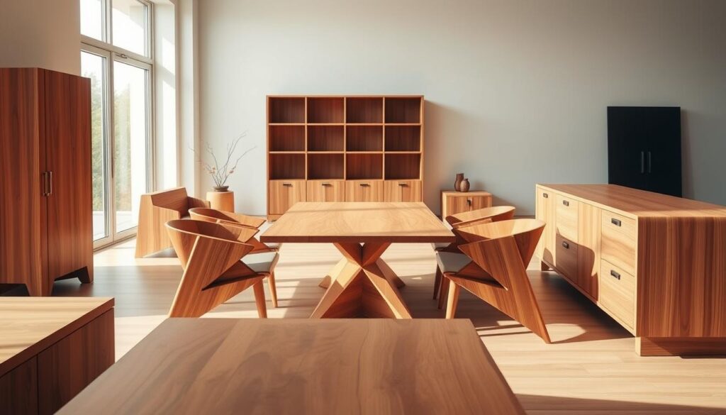 Sleek and contemporary wooden furniture pieces arrayed in a well-lit, minimalist interior. Smooth, natural-grained wood surfaces in warm tones, complemented by clean lines and understated design. A central table flanked by angular chairs, with a tall, slender bookshelf in the background. Soft, diffused lighting from large windows casts a gentle glow, highlighting the material's inherent beauty. The overall atmosphere is one of sophisticated simplicity, showcasing the timeless appeal of expertly crafted, modern wooden furnishings.